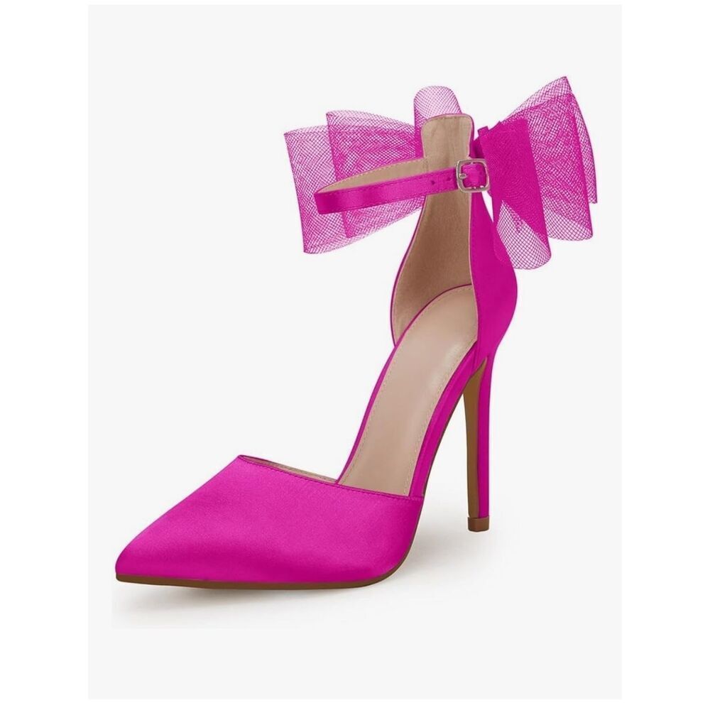 Coutgo Pink Closed Pointed Toe High Heels with Bow Knot Ankle Strap